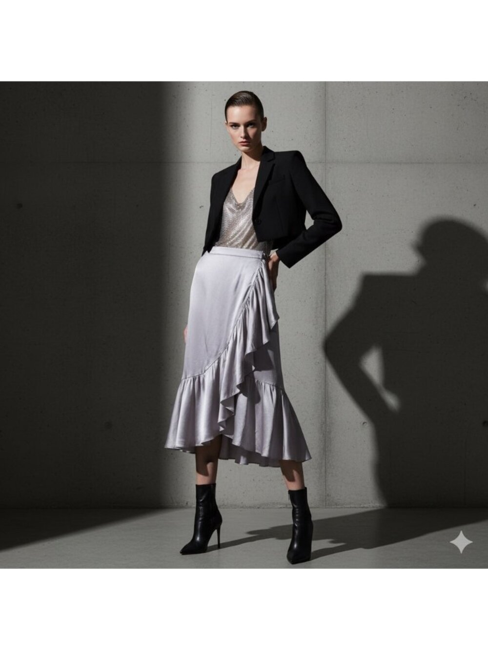 CAMI NYC xs silk ruffle midi wrap skirt